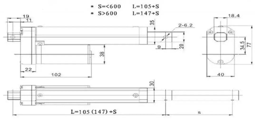 Technical diagram of 2 Inch Stroke 50 Millimeter DC Electric Mini Linear Actuator with measurements for medical and furniture applications.
