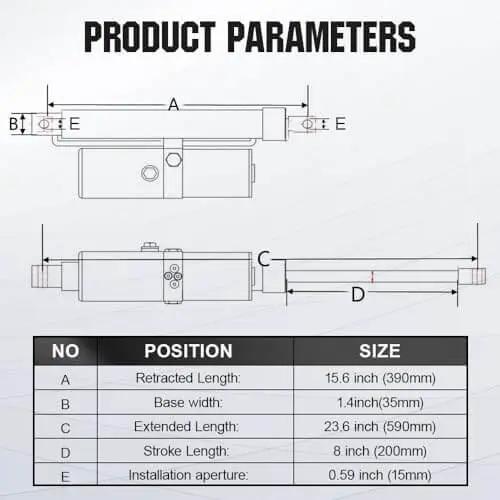 Technical diagram of Workhorse Heavy Duty Hydraulic Linear Actuator With 8000N Push Force 12V DC Motor 12 Inch Stroke IP65 Protection