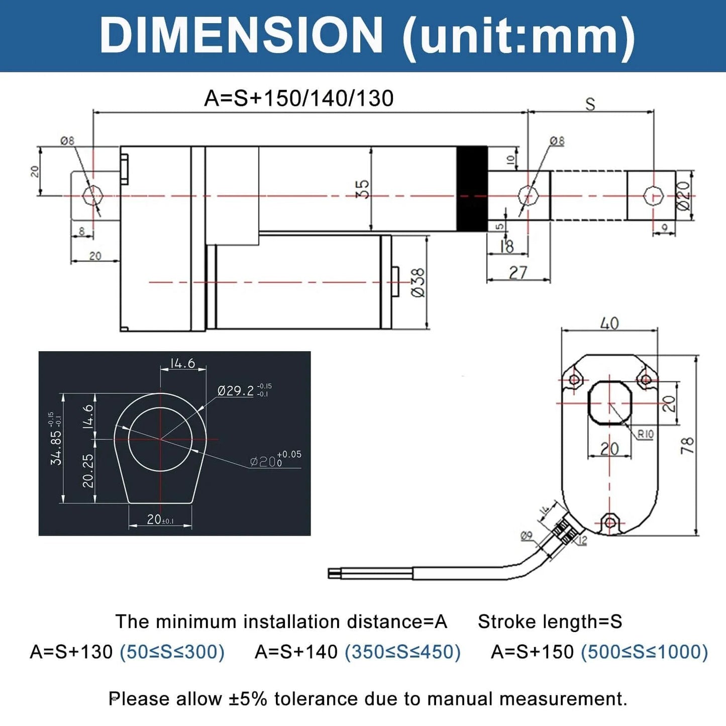 Technical dimensions of 6 Inch 6" Stroke Linear Actuator IP65 Waterproof Heavy Duty 12V 3000N/660lbs Maximum Lift with diagrams.