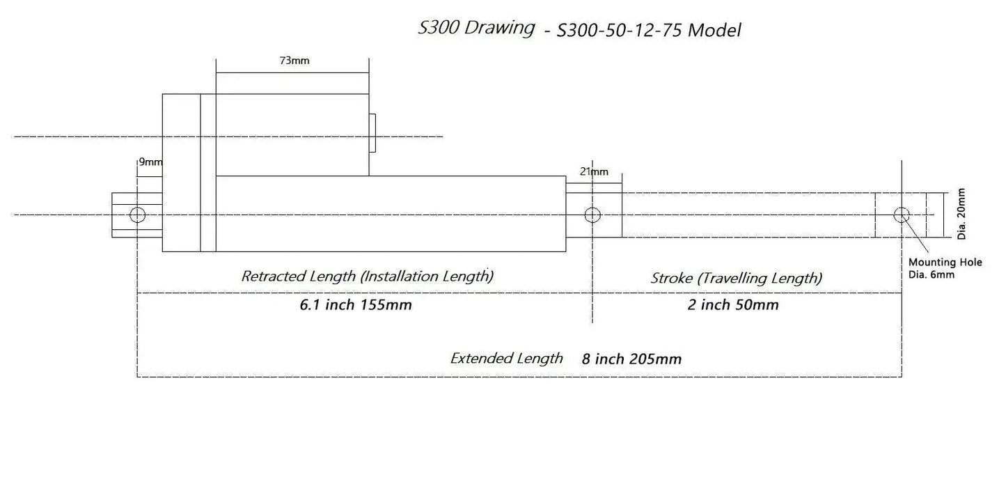 Diagram of Heavy Duty 12V DC Linear Actuator With 2 Inch Stroke SOViK Beefy 750N Load showing dimensions and 6mm mount holes.