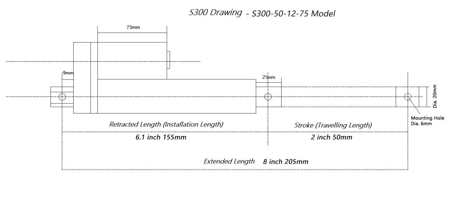 Diagram of Heavy Duty 12V DC Linear Actuator With 2 Inch Stroke SOViK Beefy 750N Load showing dimensions and 6mm mount holes.