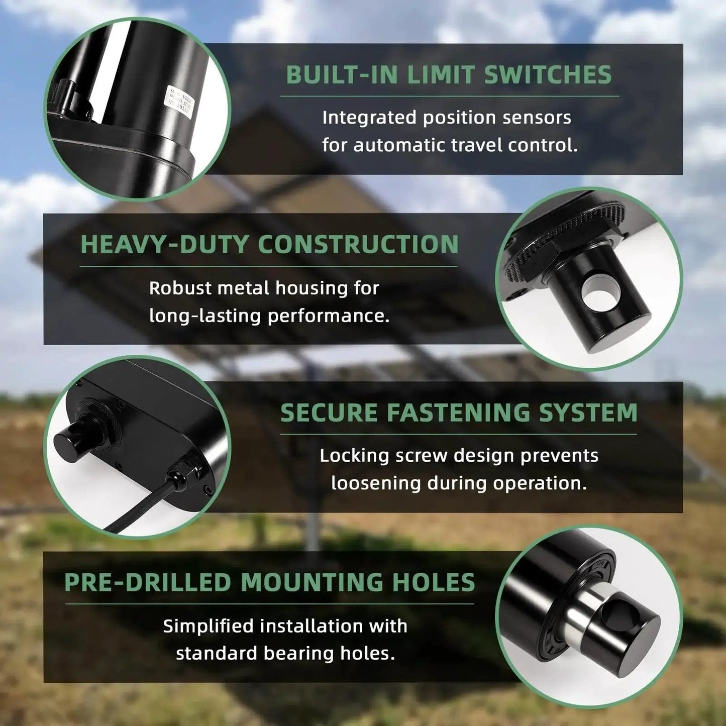 Heavy Duty 14 Inch Stroke 12V Linear Actuator features including built-in limit switches, heavy-duty construction, secure fastening system.