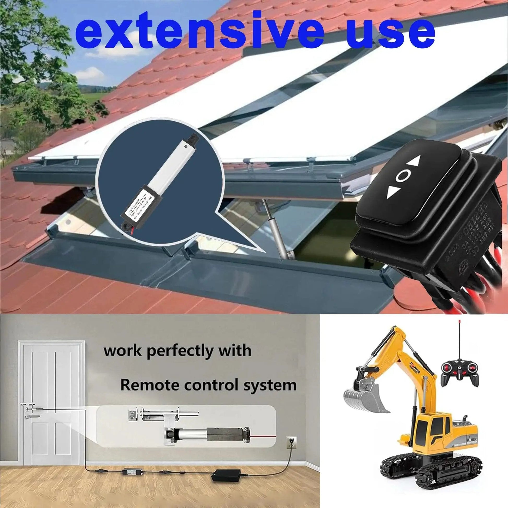 Mini Electric Linear Actuator AWINLI 12V 2 Inch Stroke shown with control switch in various uses.