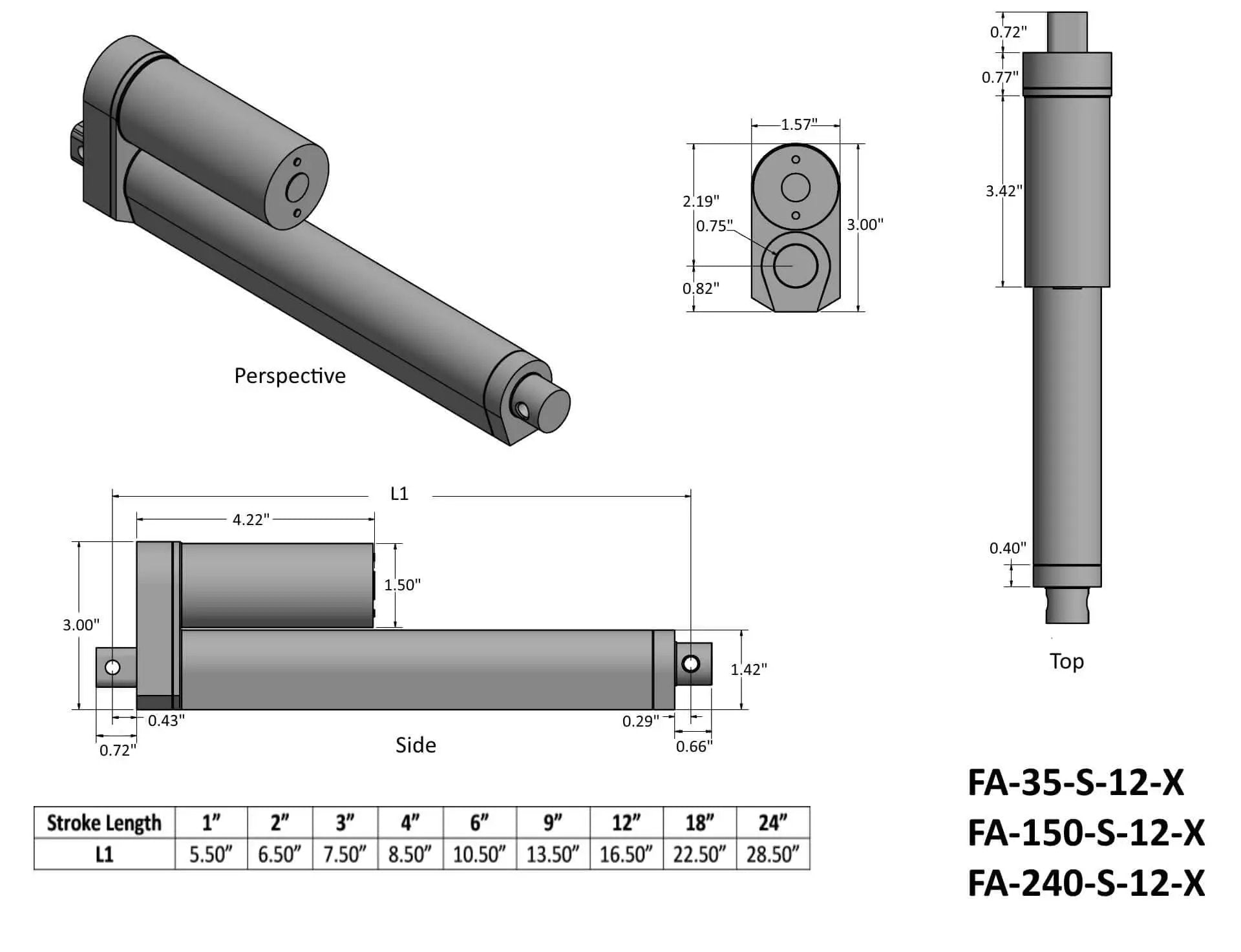 Diagram of a 2 Inch Stroke Light Duty Linear Actuator 200 Lbs Dynamic Push Pull 400 Lbs Static Force 12 Volt DC IP54 with measurements