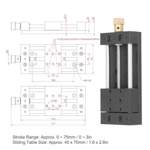 Diagram and specifications of Linear Actuator Manual Sliding Table Stage Kit for 3D Printer CNC Router Aluminum Alloy Rail Guide