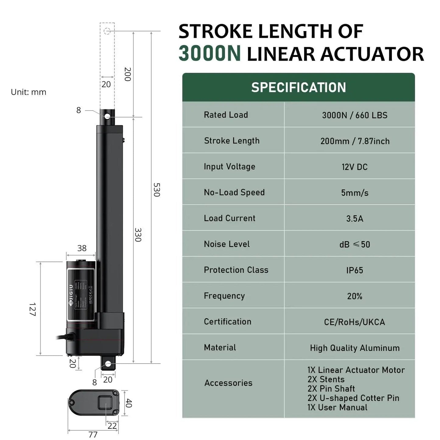 Diagram showing Beefy 12V Heavy Duty Linear Actuator with 8 inch stroke, 660 lbs capacity, IP65 waterproof, specifications