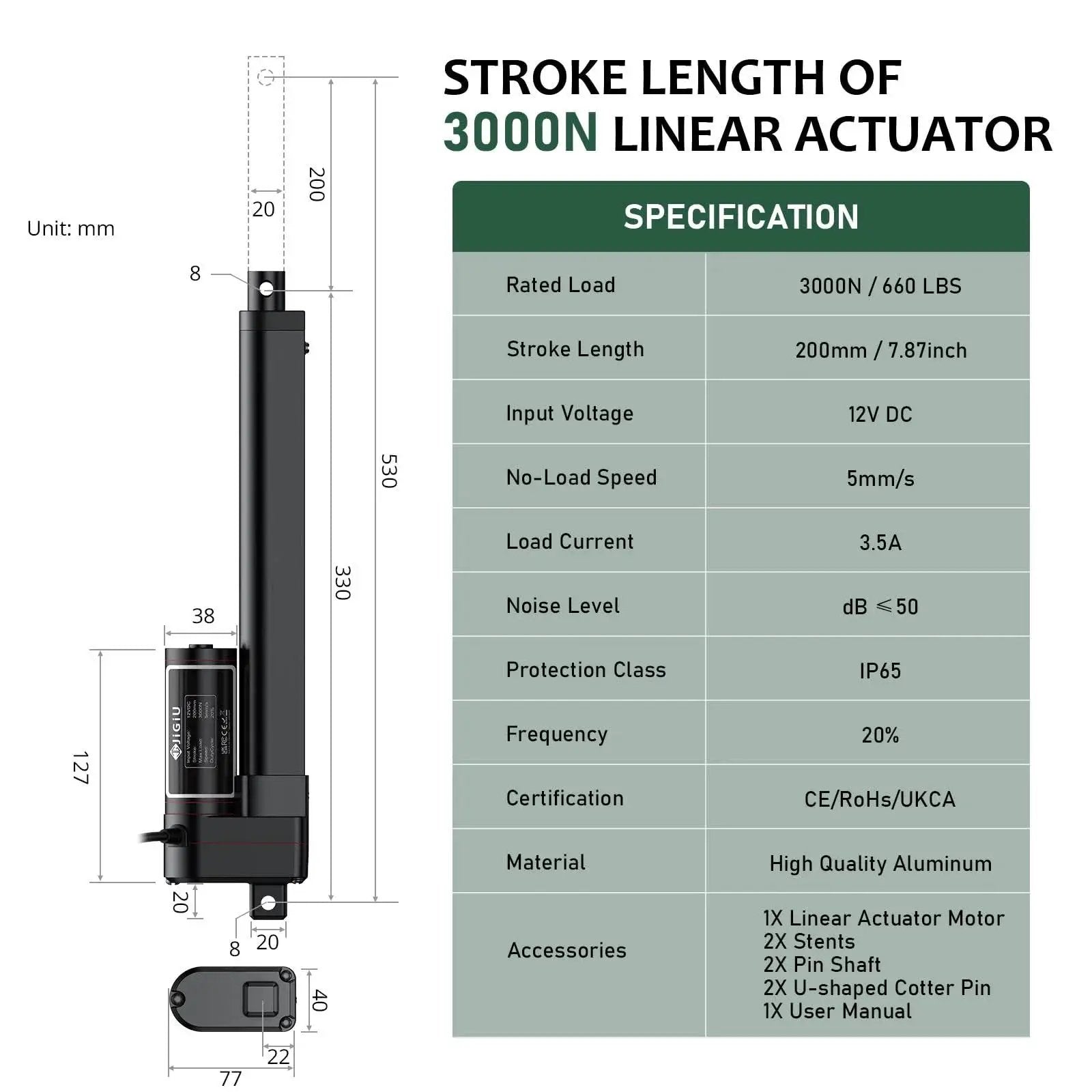 Diagram showing Beefy 12V Heavy Duty Linear Actuator with 8 inch stroke, 660 lbs capacity, IP65 waterproof, specifications