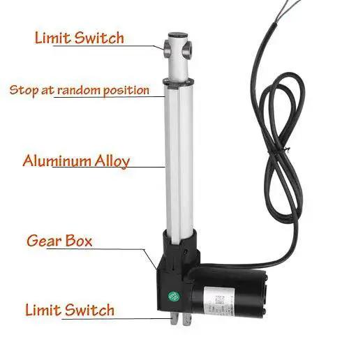 Heavy Duty Waterproof Linear Actuator 12V 6000N 1000mm Stroke with labeled components and aluminum housing