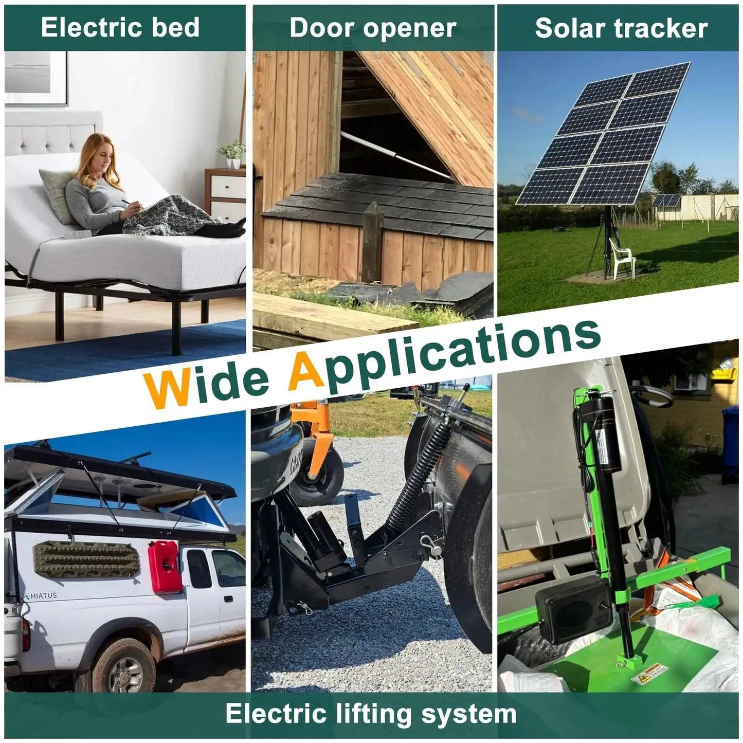 Wide applications of Heavy Duty 12V 4 Inch Stroke Linear Actuator With 440 LBS Load Capacity in beds, doors, solar trackers, and vehicles.