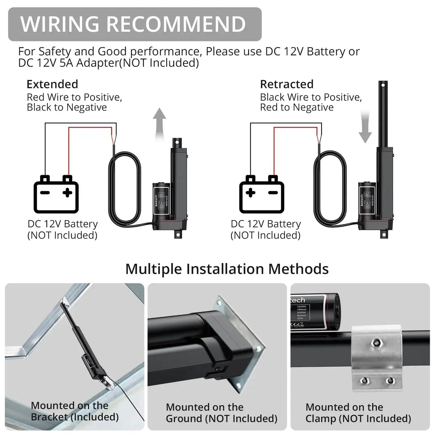 Wiring diagram and installation methods for Beefy 12V Linear Actuator 330Lbs 1500N 4 Inch Stroke Silent Waterproof IP65 Electric Actuator.