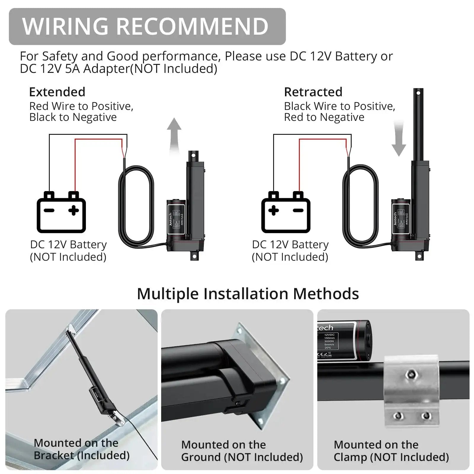 Wiring diagram and installation methods for Beefy 12V Linear Actuator 330Lbs 1500N 4 Inch Stroke Silent Waterproof IP65 Electric Actuator.