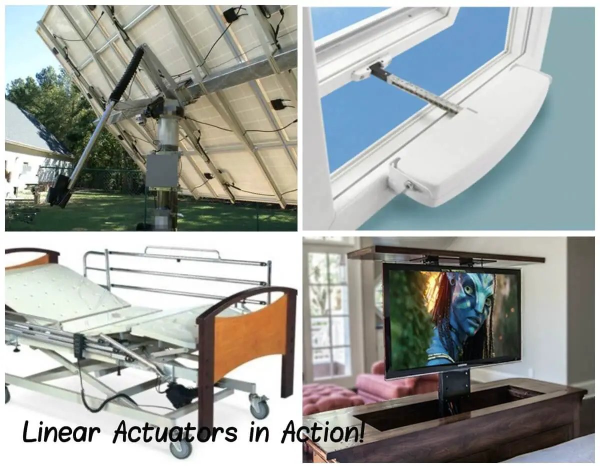 Linear actuators in various applications: solar panel adjustment, window opener, adjustable bed mechanism, TV lift system.