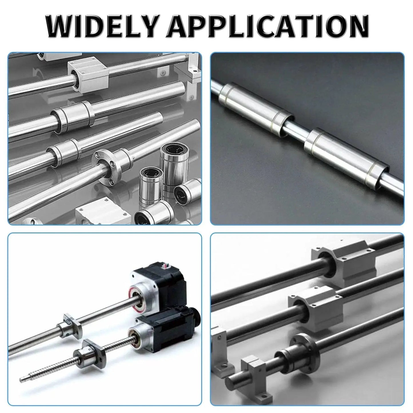 Double-Seal 20mm ID Linear Bearing with Square Flange, shown in various CNC and 3D printer slide applications for smooth motion
