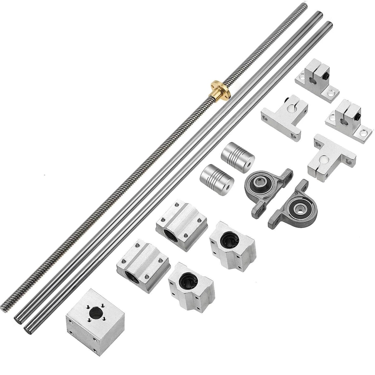 16 Piece 200mm Linear Motion Set with 8mm rods, lead screw, SK8 supports, SCS8UU bearings, KP08 pillow blocks, flexible couplings displayed