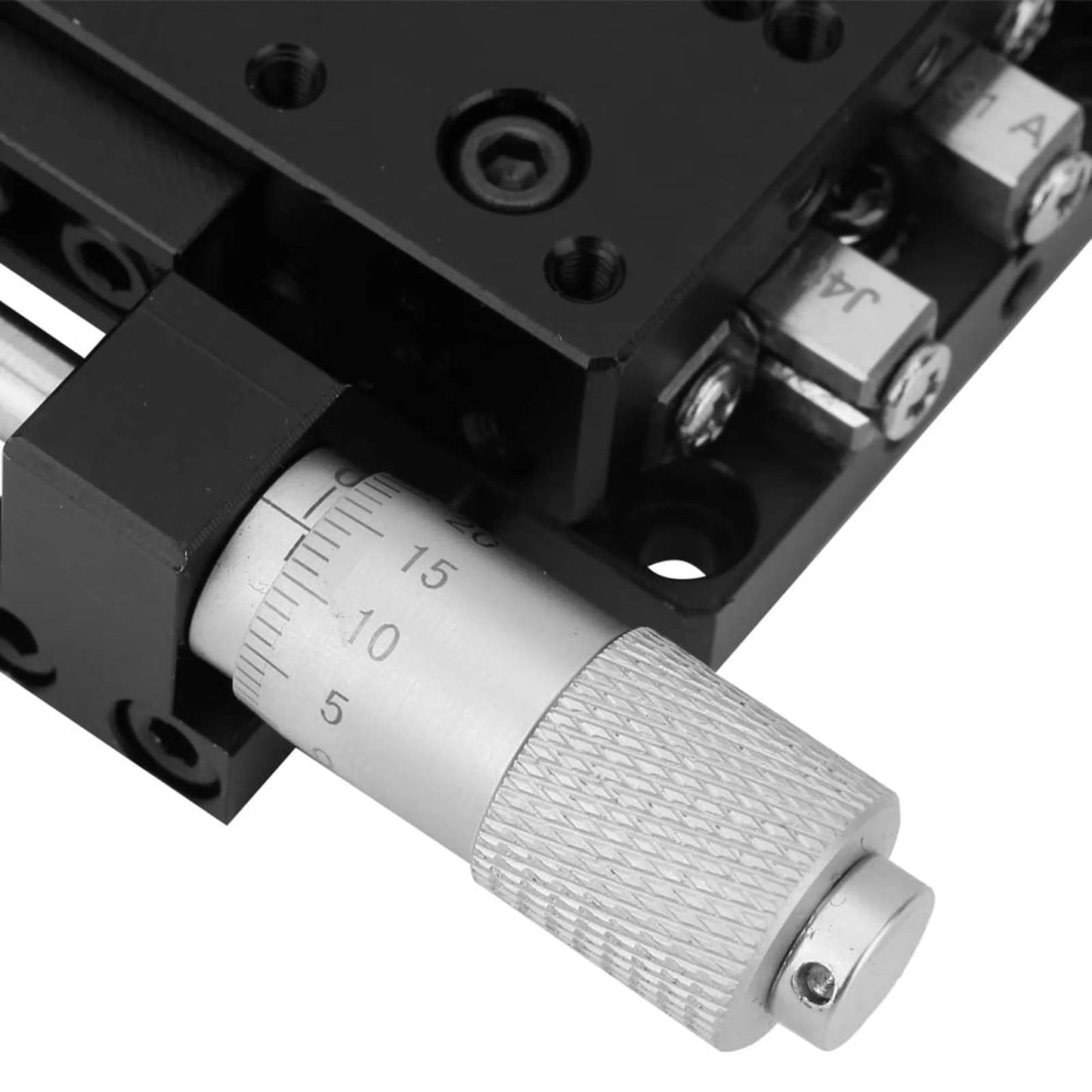 Close-up of SEMX40-AS X Micrometer Linear Stages, precise micrometer adjustment knob, part of the manual fine tuning crossing roller