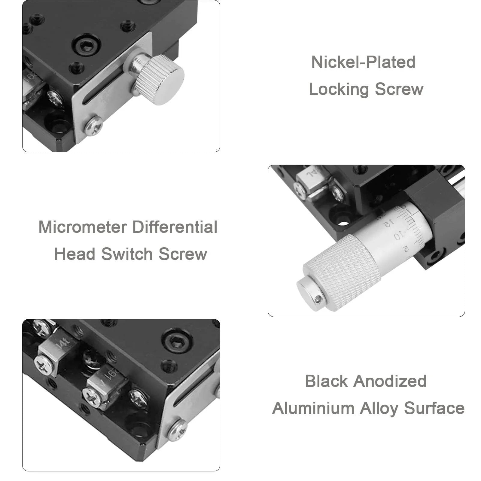 Image showing SEMX40-AS X Micrometer Linear Stages with nickel-plated locking screw, micrometer differential head, and black anodized finish.
