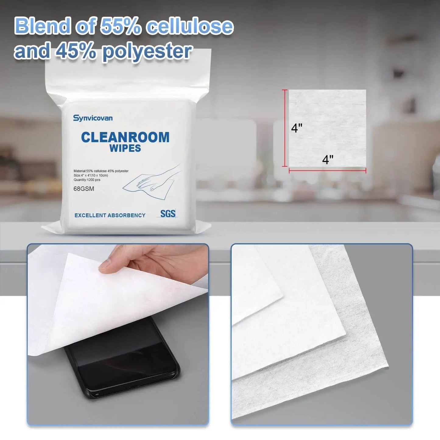 Package of Lint Free Cleanroom Wipes 4x4 Inches 1200 Pack, Grade A 68GSM Cellulose Polyester Blend, showing material blend and applications