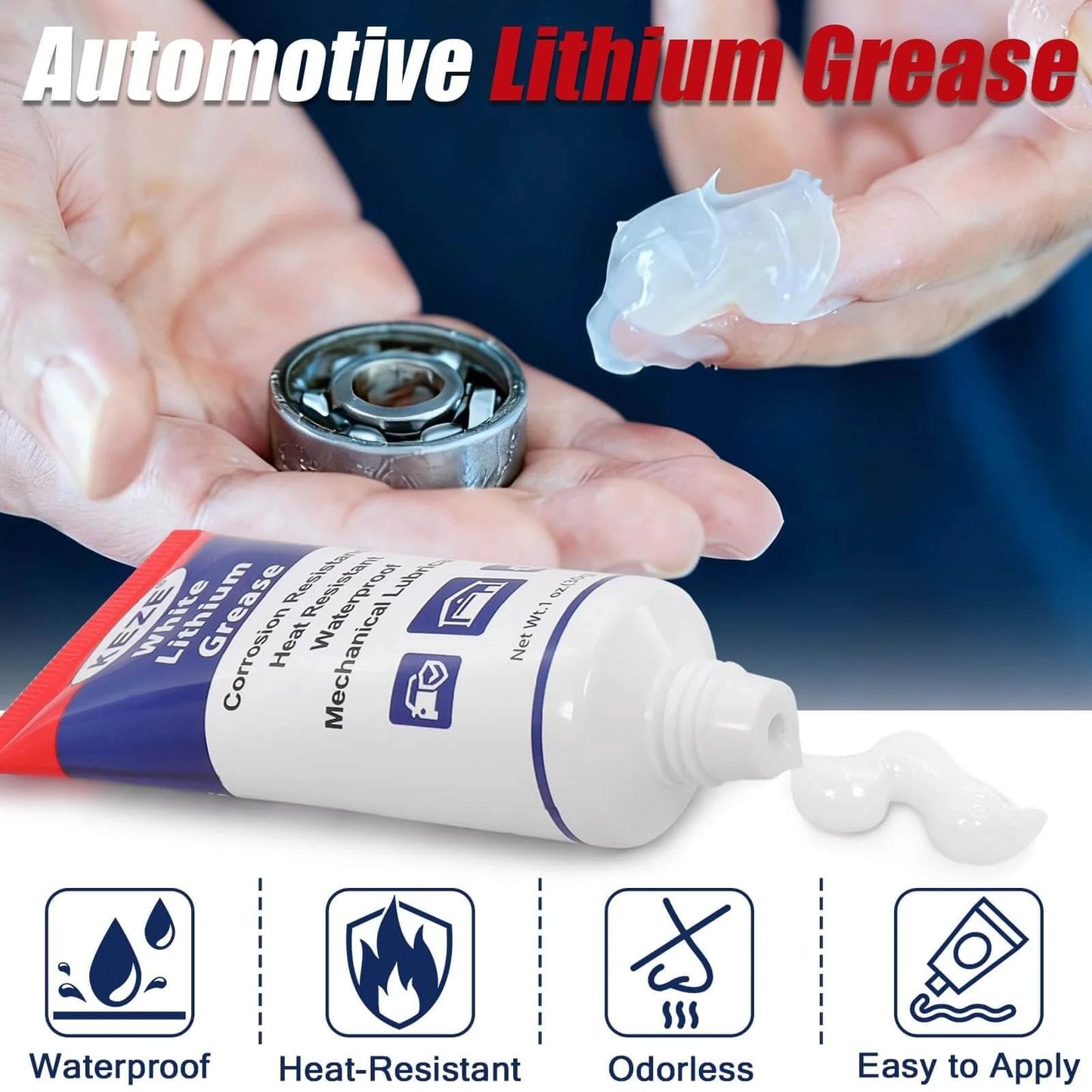 Person holding bearing with applied Keze White Lithium Grease Tube Automotive Grasa De Litio Car Door Grease with Brush NLGI 2.