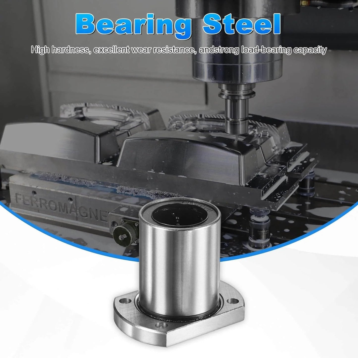 Lmh30uu linear ball bearings 30mm bore dia 45mm OD in front of CNC machine, steel construction for smooth motion and clean installs