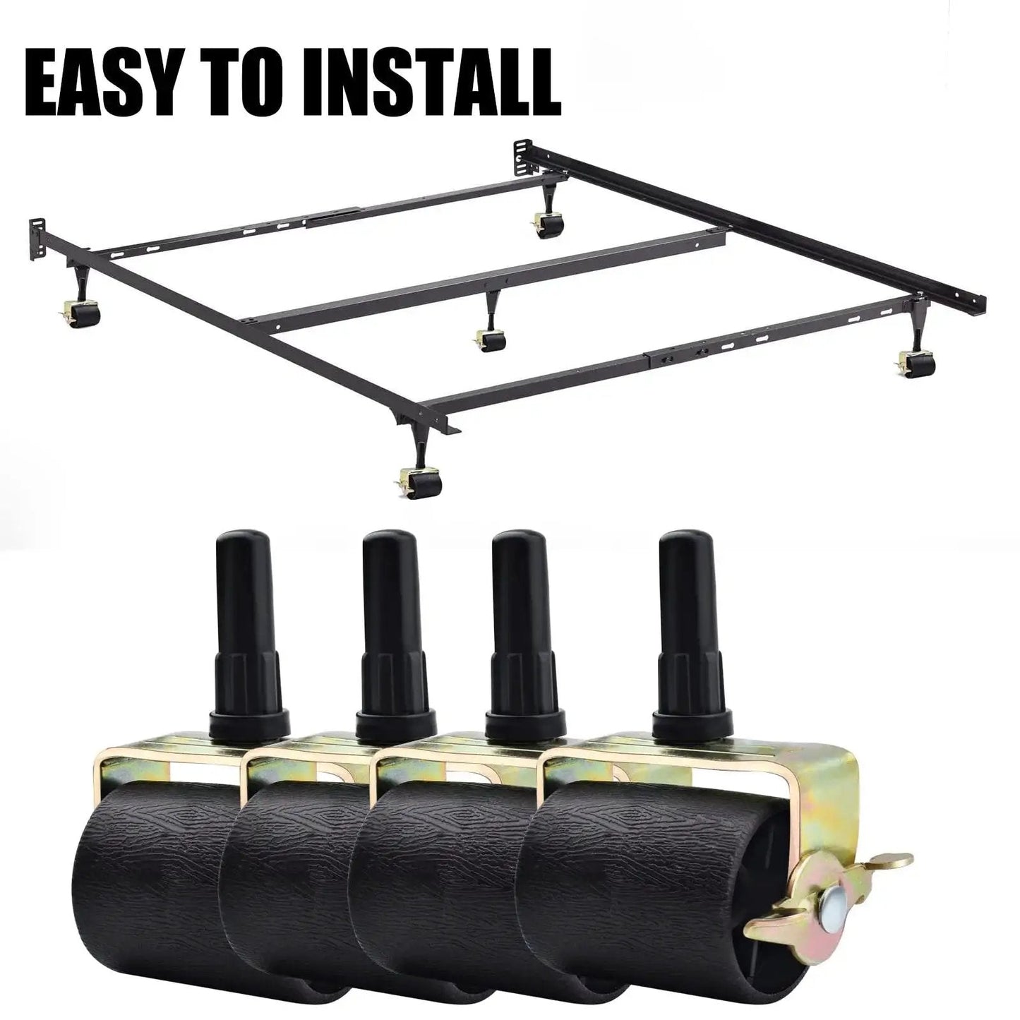 Locking Bed Frame Casters Set Of 4 With Brakes And Stem Socket Sleeves, shown with bedframe installation illustration.