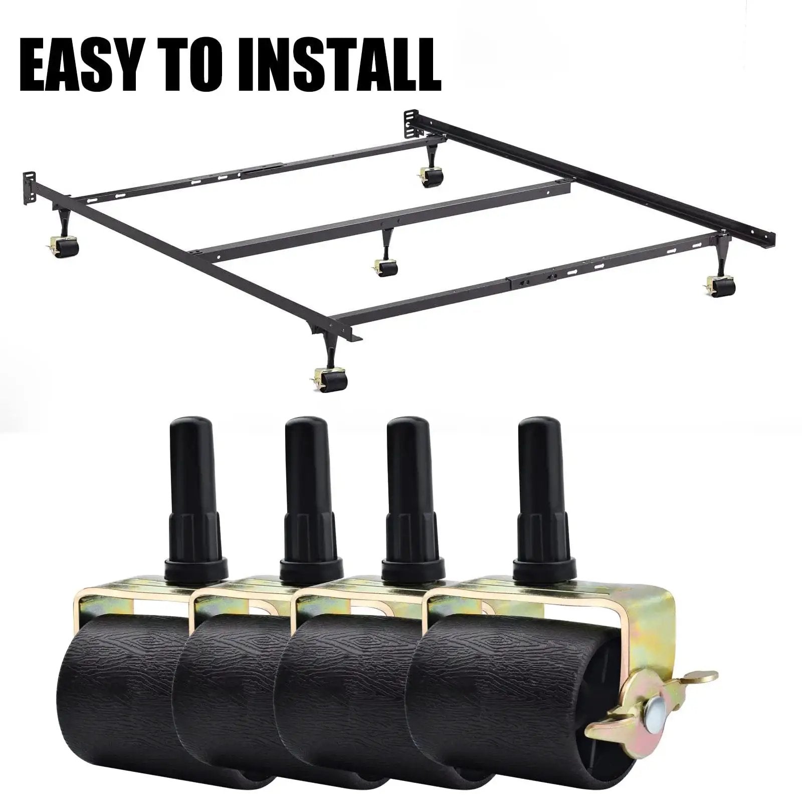 Locking Bed Frame Casters Set Of 4 With Brakes And Stem Socket Sleeves, shown with bedframe installation illustration.