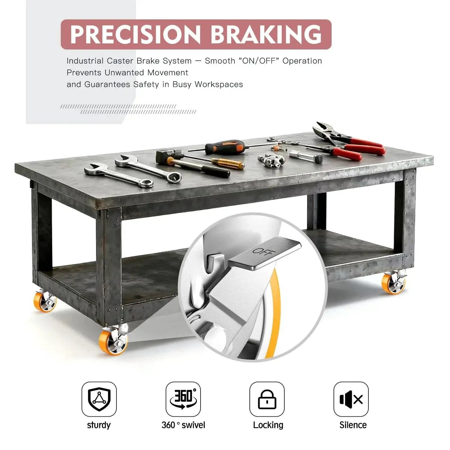 5 Inch Heavy Duty Locking Casters Set Of 4 With Plate Mount Swivel Wheels For Heavy Duty Carts, Workbenches And Equipment, 5000 Lb Load Capacity, Durable Orange Finish For Industrial Use installed on steel workbench with tools.
