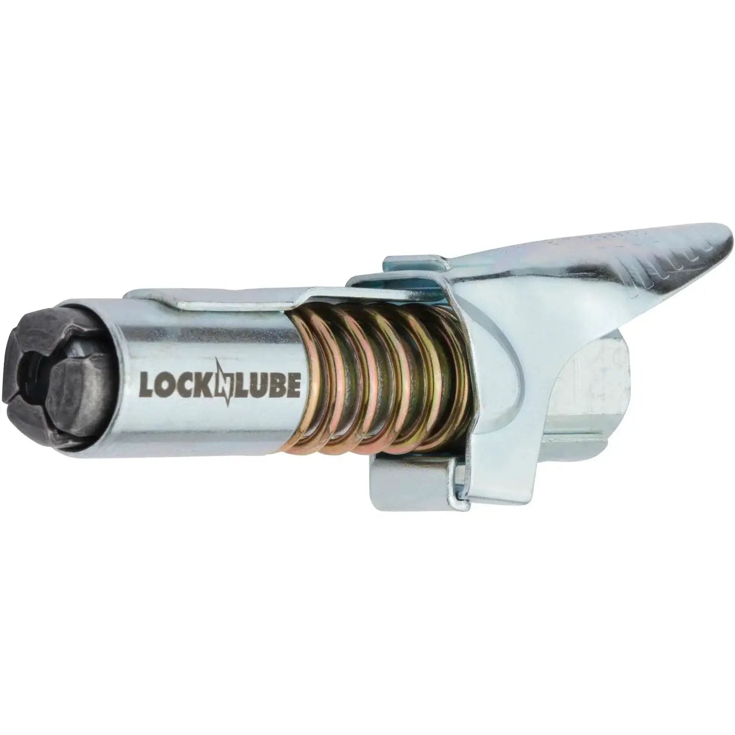 Locking Grease Gun Coupler That Clamps On And Stays Put, Prevents Leaks While You Grease Zerk Fittings, 10000 PSI Rated, side view