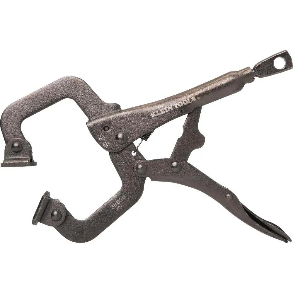 Workhorse Locking Pliers Set With Swivel Jaws 6 Inch And 11 Inch C Clamp Style Grips Heavy Duty Quick Thumb Knob Adjustment And Easy Lever Release For Home Shop Woodworking Two Piece Klein Tools, showing metal construction and swivel jaws.