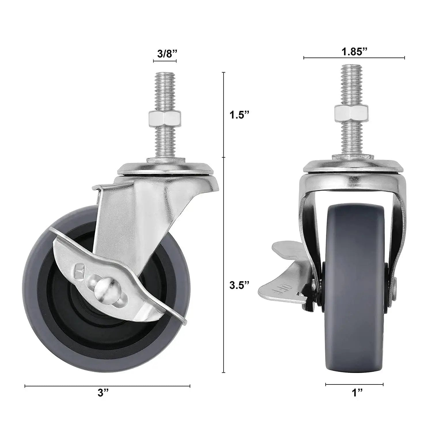 Locking Stem Caster Wheels Set Of Four Three Inch Heavy Duty Swivel Castors With Five Sixteenth Inch Stem Diameter And One And A Half Inch Stem Length Gray Finish Side Lock Brake 150 Lb Load Per Wheel 600 Lb Total Capacity