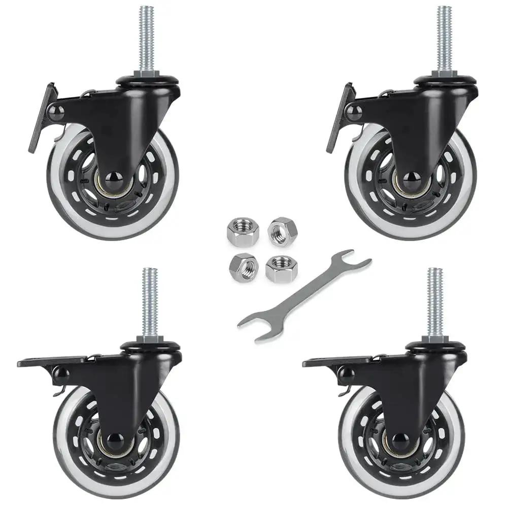 Three Eighths Inch 16 UNC Threaded Stem Locking Swivel Caster Set Of Four with 3 Inch Wheels, Hex Lock Nuts, and Wrench