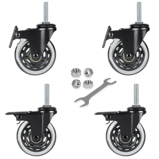 Three Eighths Inch 16 UNC Threaded Stem Locking Swivel Caster Set Of Four with 3 Inch Wheels, Hex Lock Nuts, and Wrench
