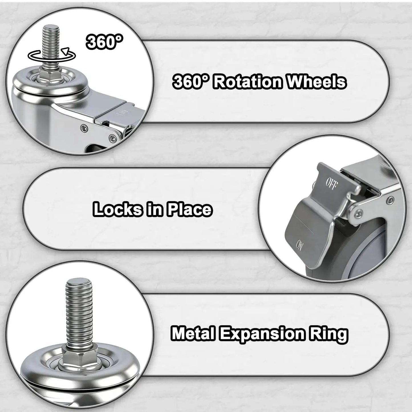 5 Inch Locking Swivel Casters With Brake, 1/2-13 X 1.5 Threaded Stem, Grey TPR Rubber Wheels, showing 360° rotation and brake locks.