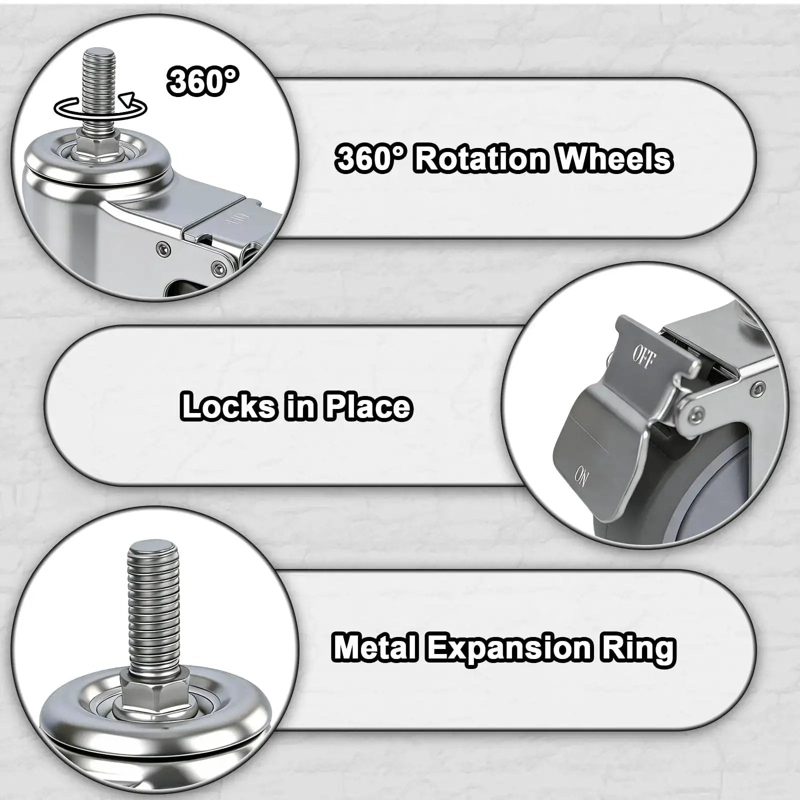 5 Inch Locking Swivel Casters With Brake, 1/2-13 X 1.5 Threaded Stem, Grey TPR Rubber Wheels, showing 360° rotation and brake locks.