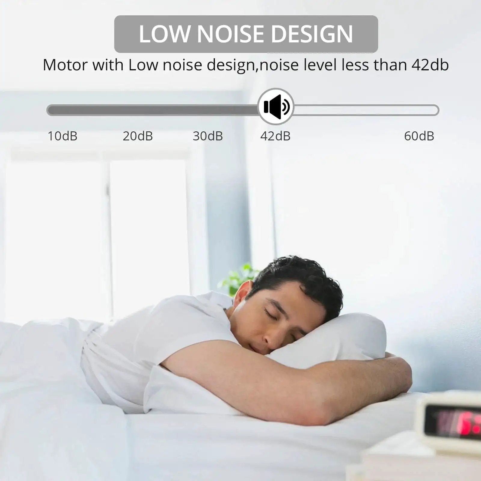 Person sleeping peacefully showcasing the low noise design of the 12V Linear Actuator 160LBS 750N with noise level less than 42dB