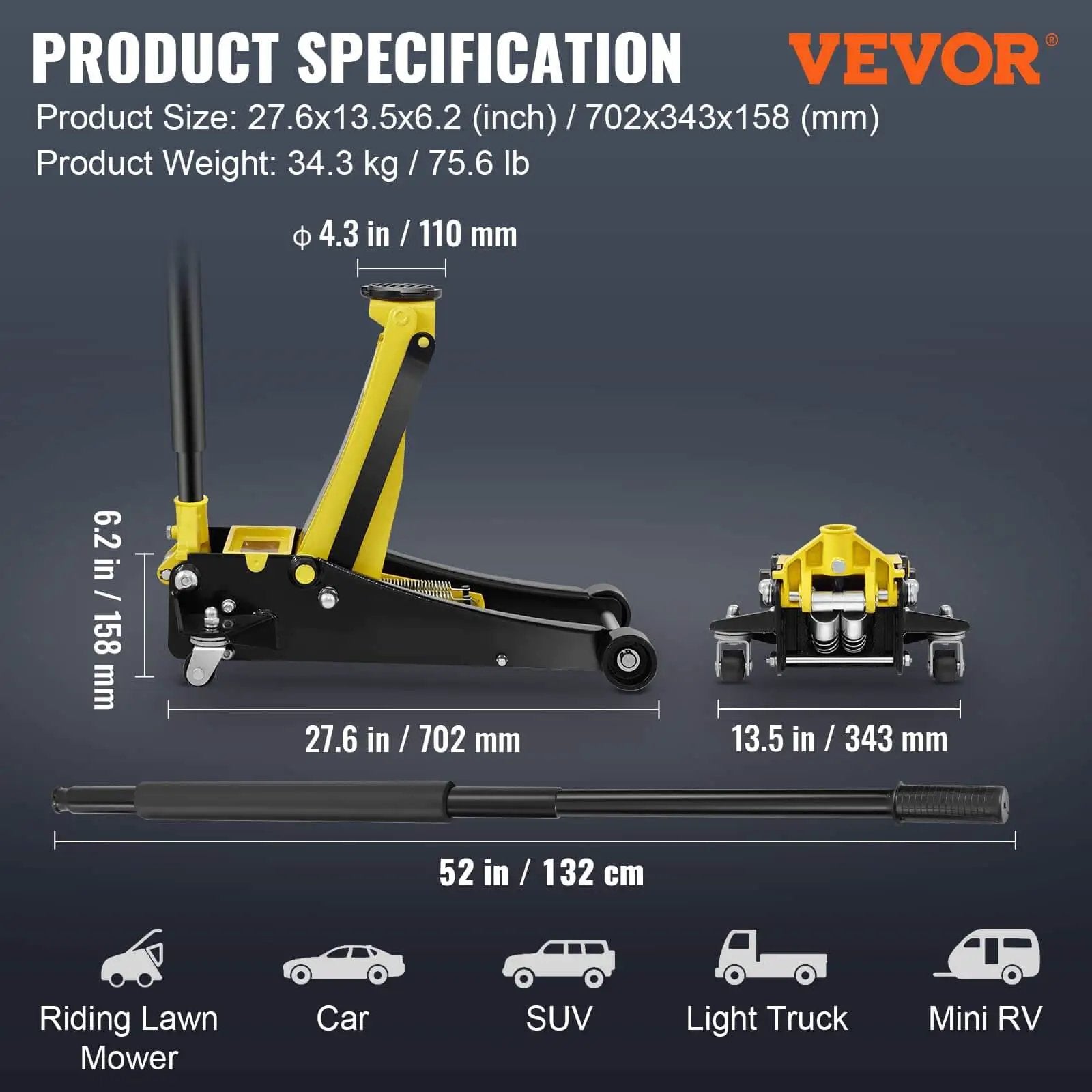 Three Ton Low Profile Floor Jack With Dual Pistons Quick Lift Pump Heavy Duty Steel Racing Jack For Cars; dimensions shown.