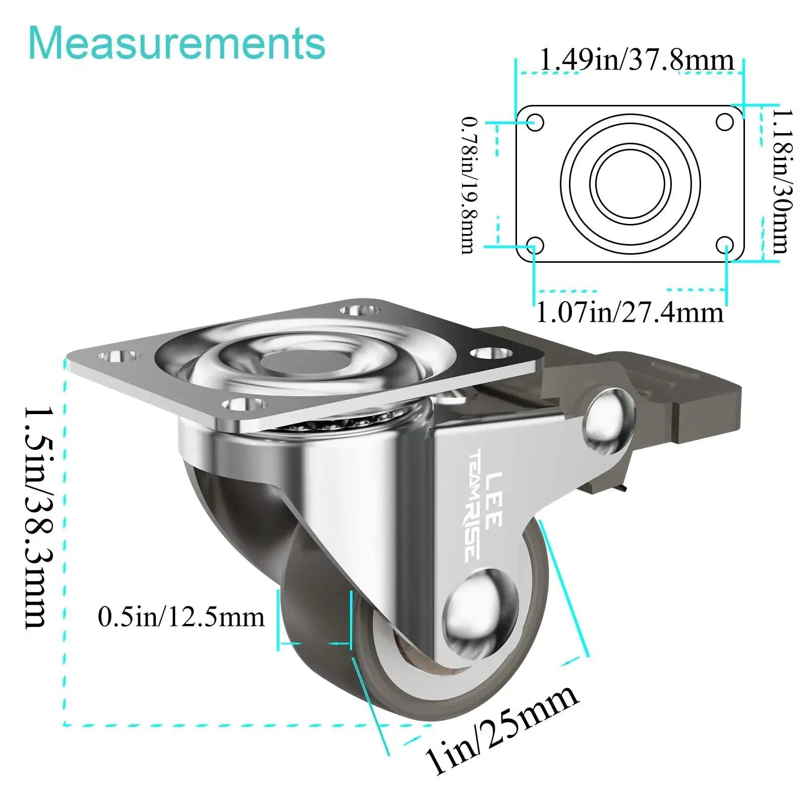 One Inch Low Profile Caster Wheels For Furniture Set Of 4 With Soft Rubber Swivel Casters And Locking Top Plate, 110 Lbs Load Capacity, Includes Two With Brake And Two Without, Smooth Rolling shown with measurements.
