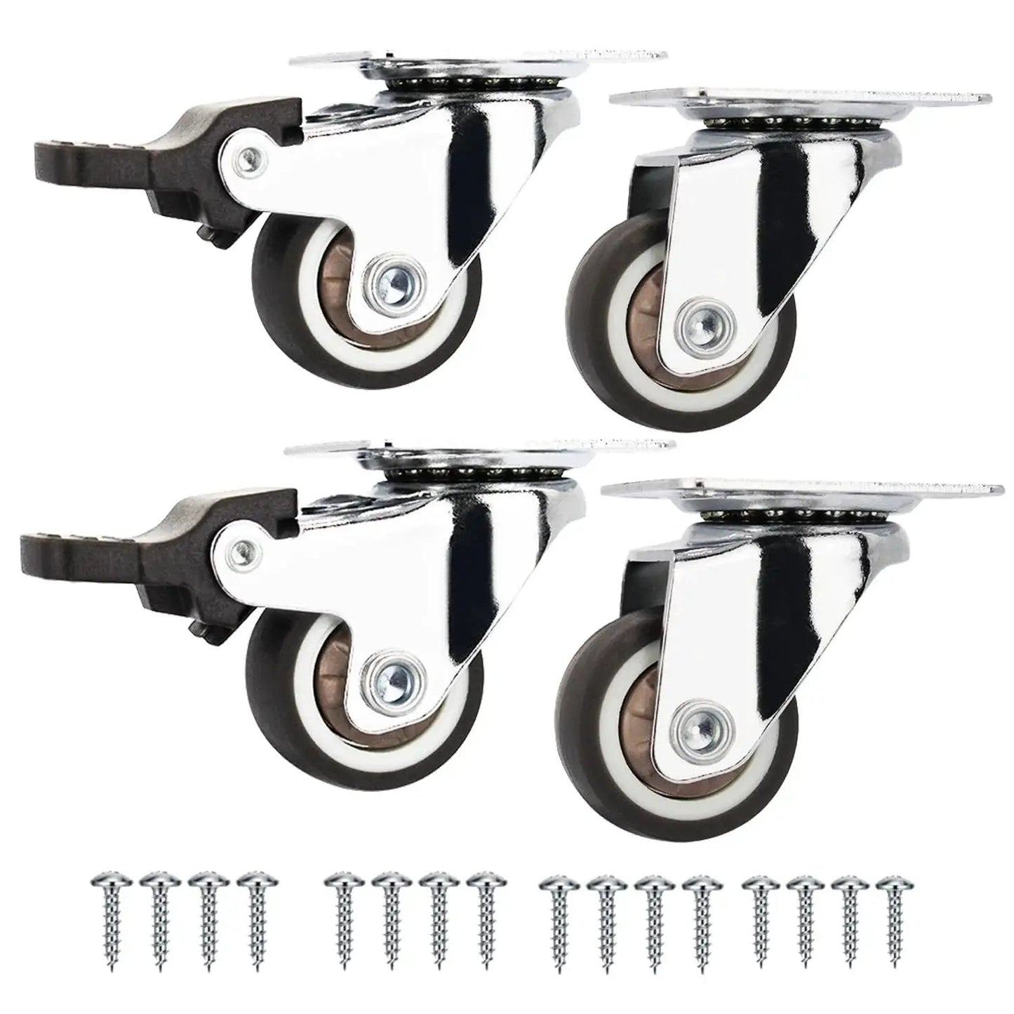 1 Inch Low Profile Caster Wheels Set Of 4 With Two Brakes And Two Non Brake, 100 Lb Capacity, Quiet TPR Rubber Casters, screws included