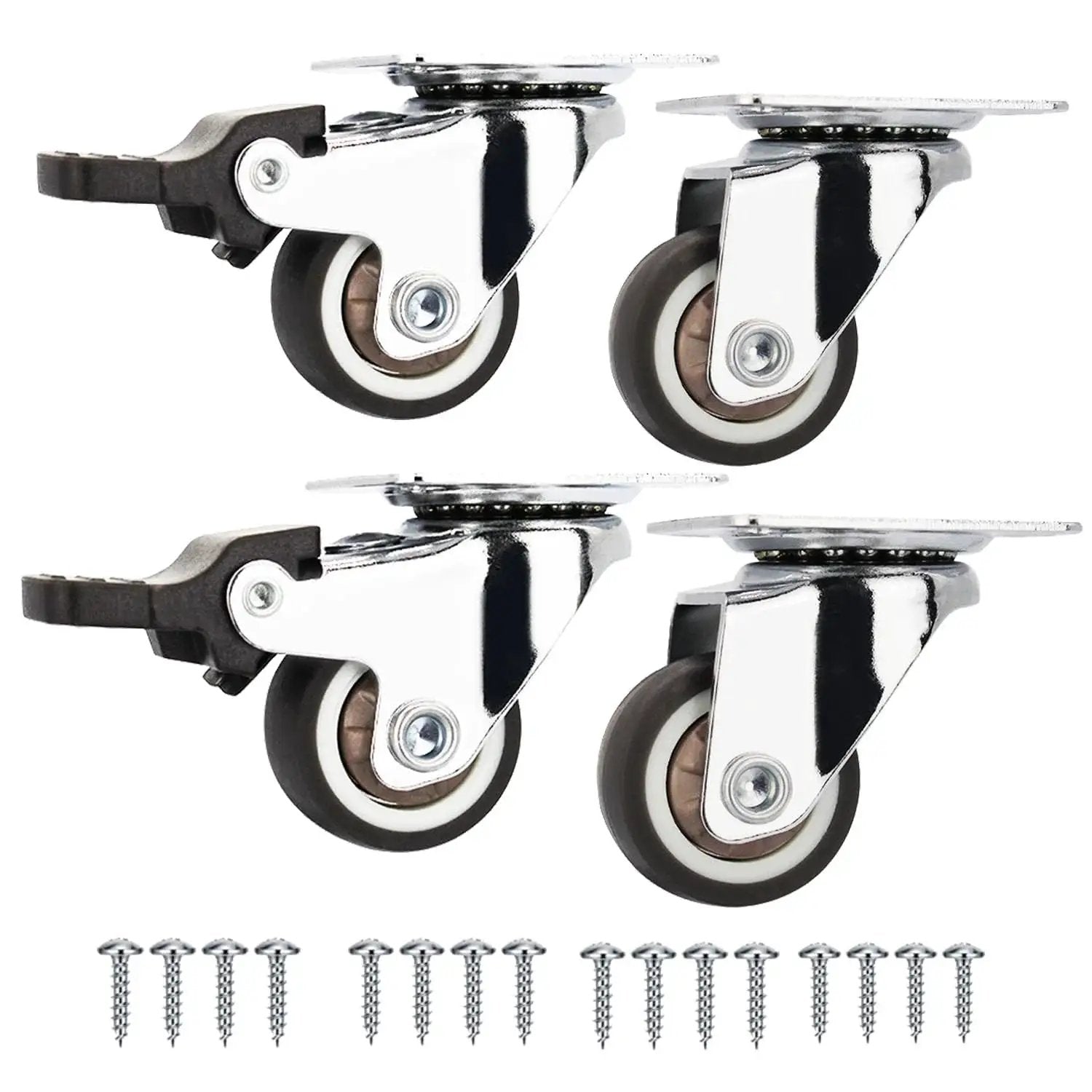 1 Inch Low Profile Caster Wheels Set Of 4 With Two Brakes And Two Non Brake, 100 Lb Capacity, Quiet TPR Rubber Casters, screws included