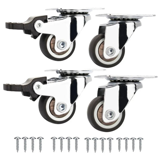 1 Inch Low Profile Caster Wheels Set Of 4 With Two Brakes And Two Non Brake, 100 Lb Capacity, Quiet TPR Rubber Casters, screws included