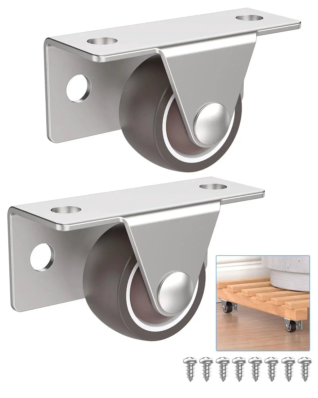 1 Inch Low Profile Casters Wheels Set Of 2 with side and top plate mounting, quiet rubber castors, reinforced steel bracket