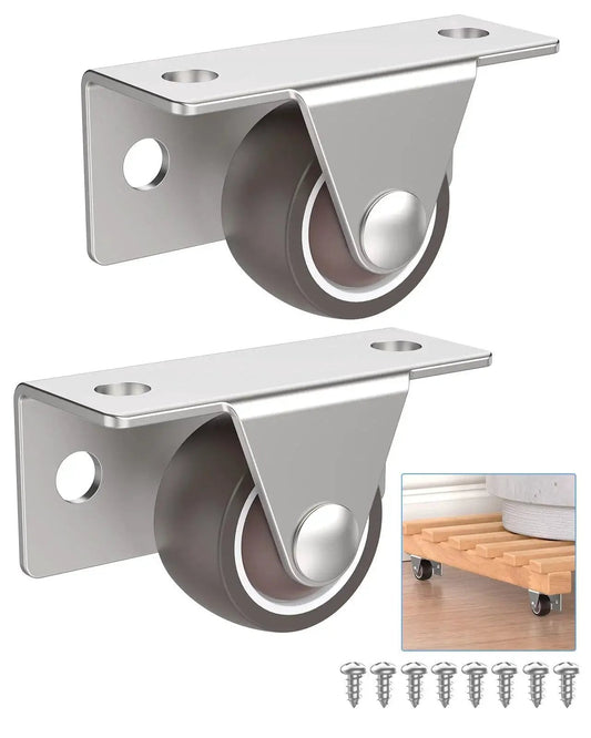 1 Inch Low Profile Casters Wheels Set Of 2 with side and top plate mounting, quiet rubber castors, reinforced steel bracket