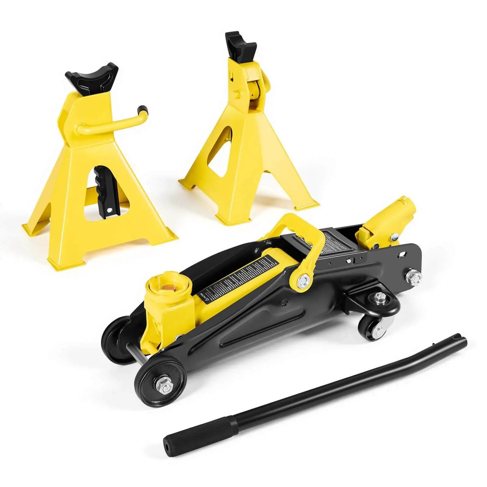 Low Profile Floor Jack 2 Ton With Stands By VEVOR Beefy Workhorse Hydraulic Trolley Car Lift, steel construction with two yellow stands.