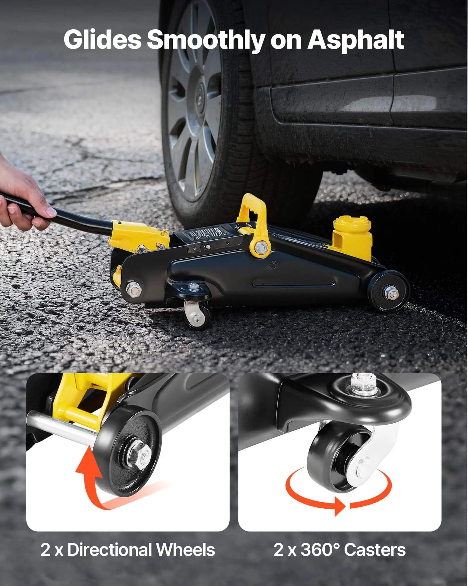 Low Profile Floor Jack 2 Ton With Stands By VEVOR shown lifting a car on asphalt, highlighting directional wheels and 360-degree casters.