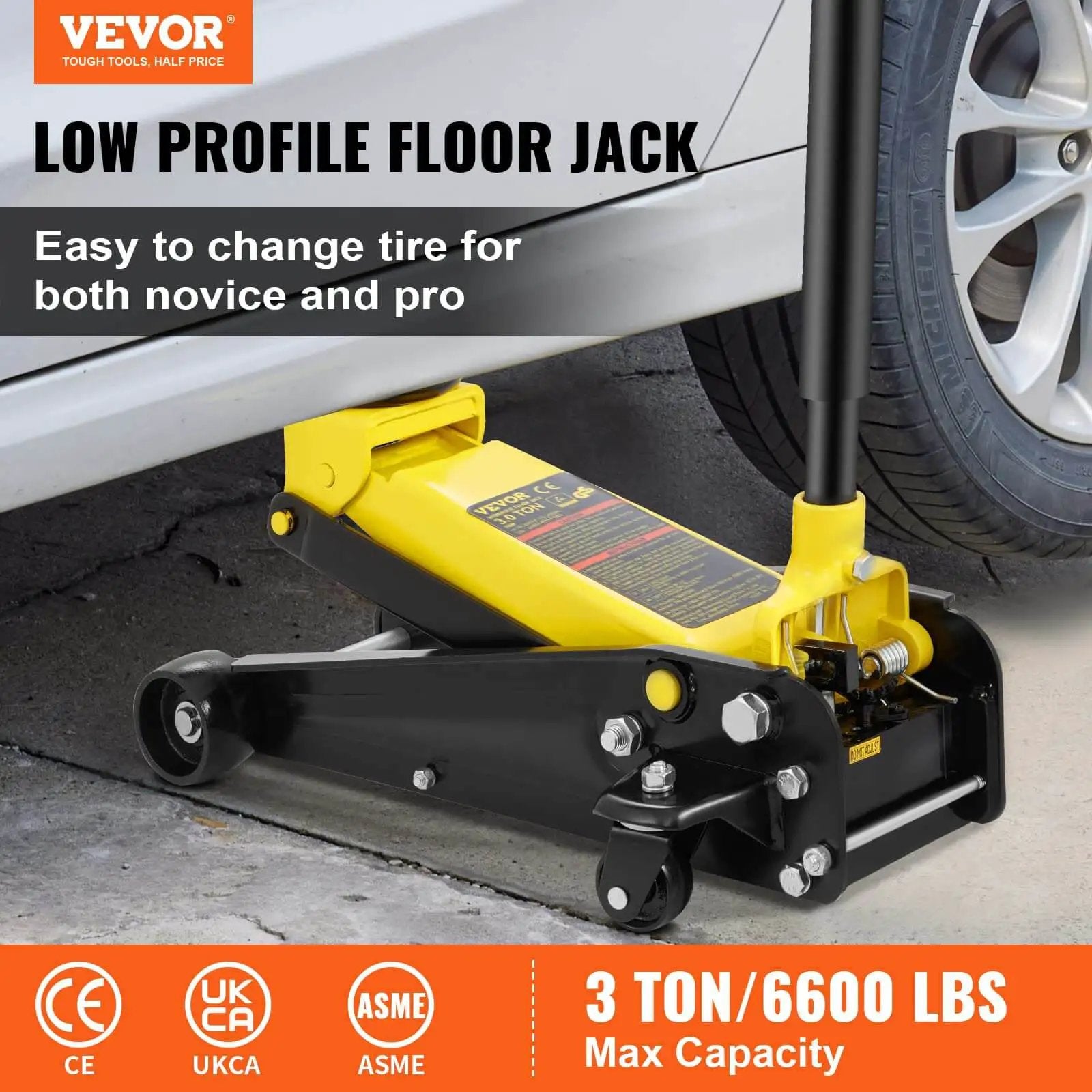 3 Ton Low Profile Floor Jack With Quick Lift Pump for All Terrain Vehicles and Cars shown lifting a car wheel