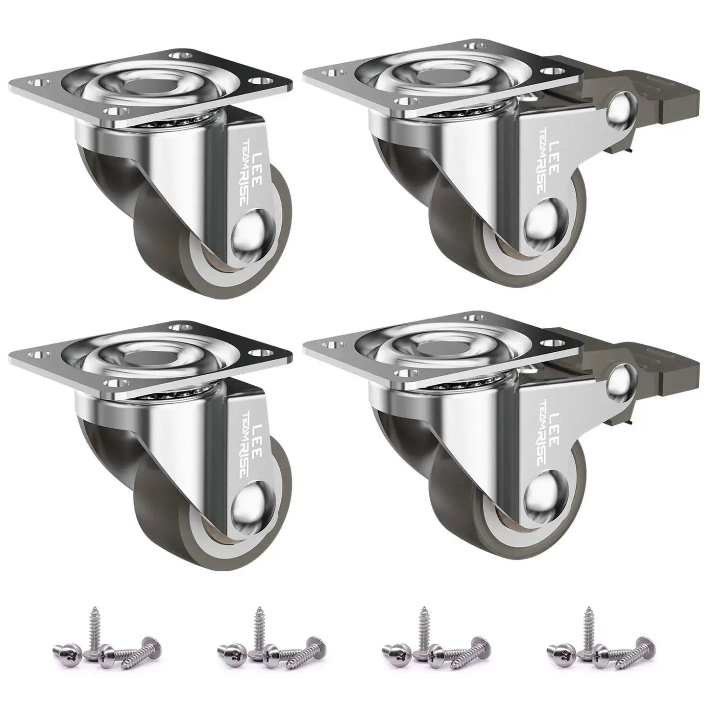 Set of 4 One Inch Low Profile Caster Wheels for Furniture with soft rubber swivel casters, locking top plate, and screws included.