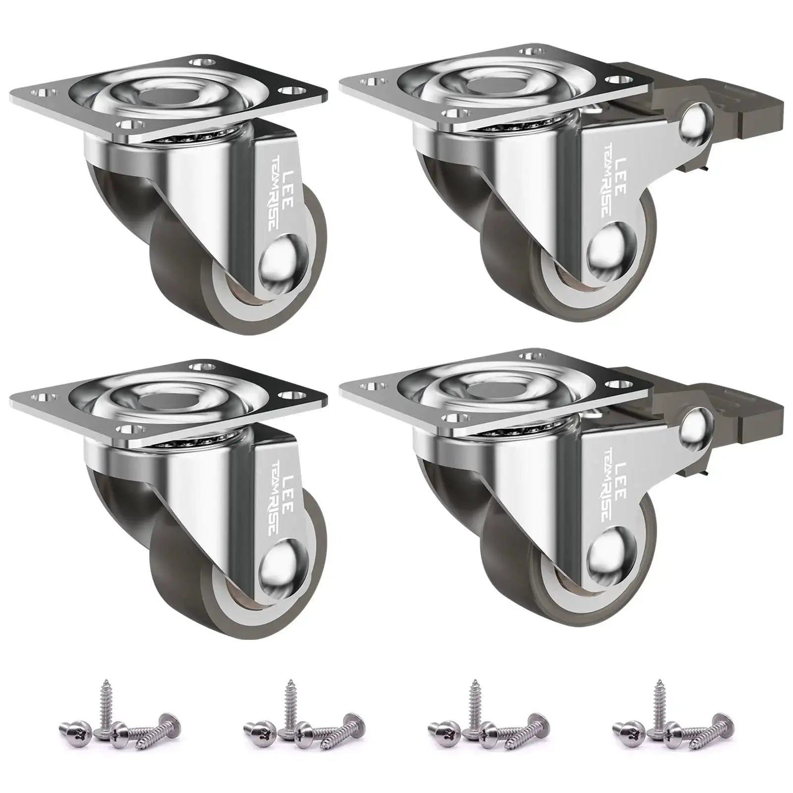 Set of 4 One Inch Low Profile Caster Wheels for Furniture with soft rubber swivel casters, locking top plate, and screws included.