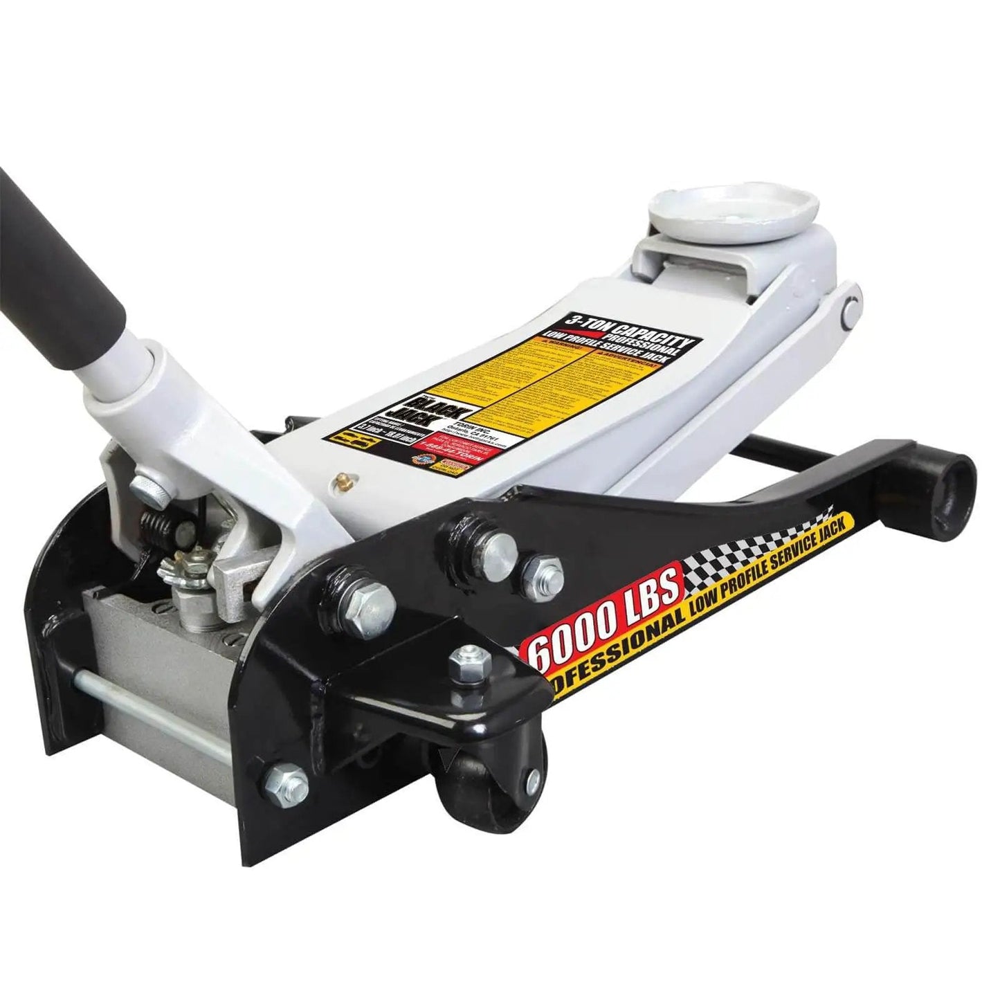 Low Profile Hydraulic Floor Jack With Quick Lift Pump For Racing And Everyday Use Three Ton Capacity Durable Steel Construction Easy Lift Lifts From About 3.7 Inches To 18.7 Inches Black featuring a sturdy steel structure and label '6000 lbs' on the side