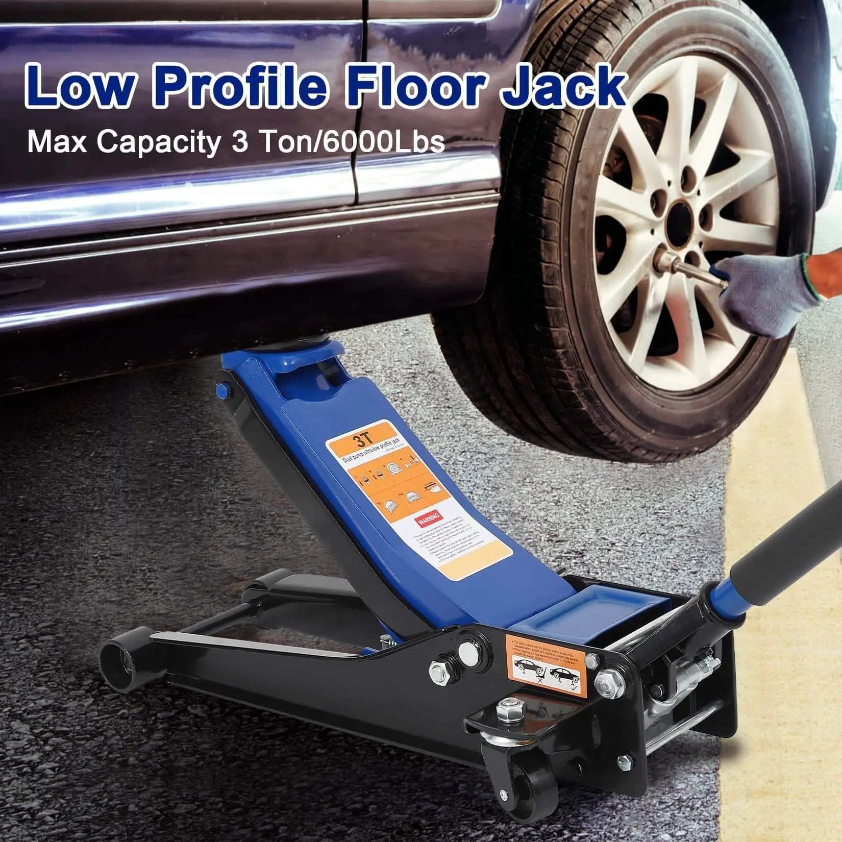 Low Profile 3 Ton Hydraulic Floor Jack With Dual Piston Quick Lift For Cars Trucks SUVs GarveeTech Lift Range From 3 Inches Up To Nineteen And A Half Inches Heavy Duty Steel Construction Blue in use lifting car