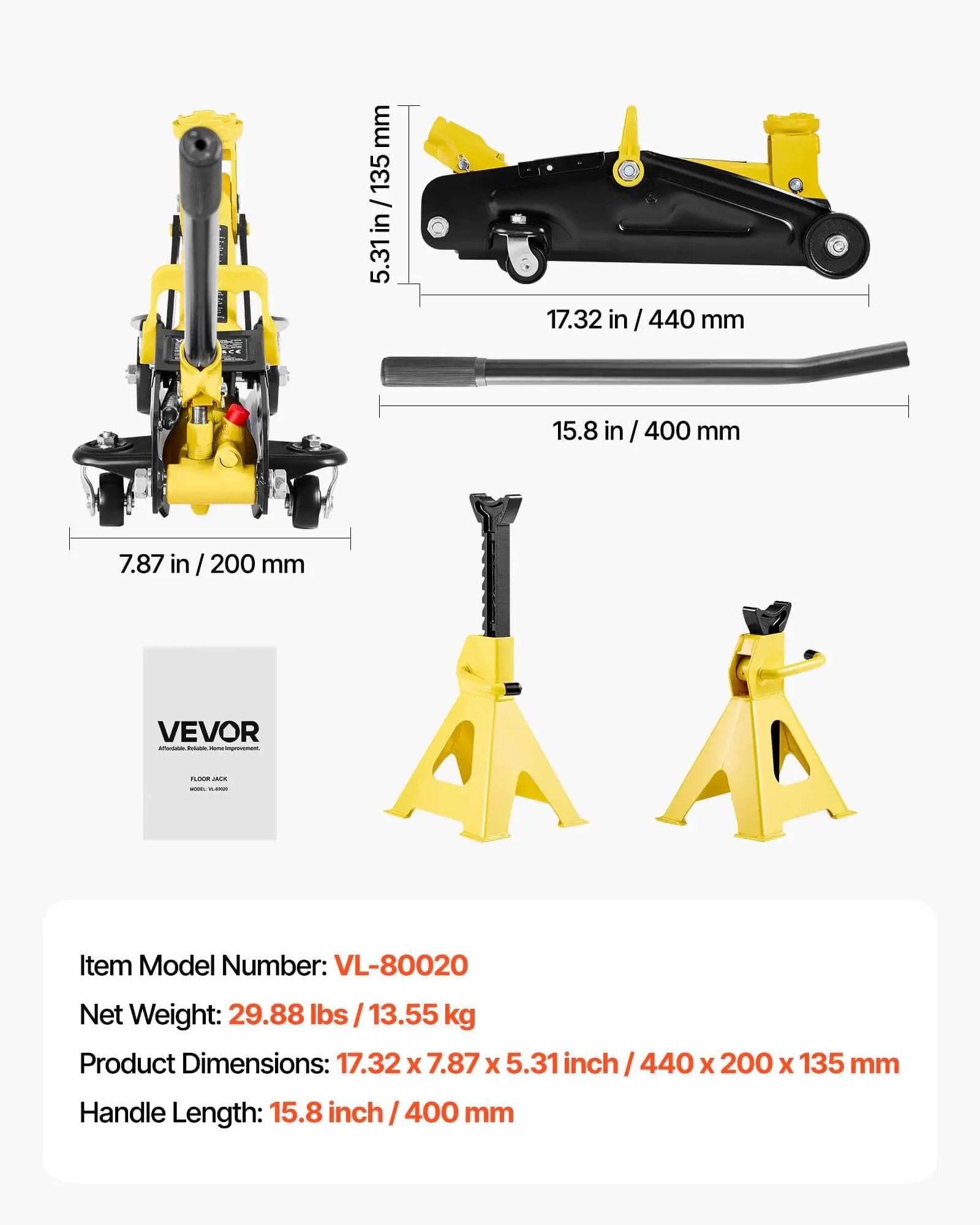 Low Profile Floor Jack 2 Ton With Stands By VEVOR Beefy Workhorse Hydraulic Trolley Car Lift For Low Clearance Sports Cars And SUVs 4400 Lb Capacity Quick Lift Single Piston Pump Lifting Range 5.1 To 12.2 Inches Steel Racing Design with stands and handle shown.