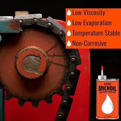 Low Viscosity Drip Oil For Small Mechanisms And Timepieces From Kroil Microil in front of gear with product features highlighted